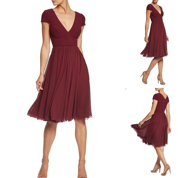 Dress the Population Corey Chiffon Fit & Flare Cocktail Dress Burgundy size Med - Picture 1 of 10